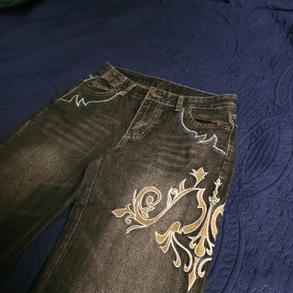 Embroidered Flare Jeans Charcoal Wash Button Flap Pockets W28 Good Condition - Picture 4 of 8